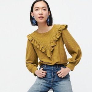J Crew Women’s Honeycomb Knit with ruffle trim Olive cotton top (S)